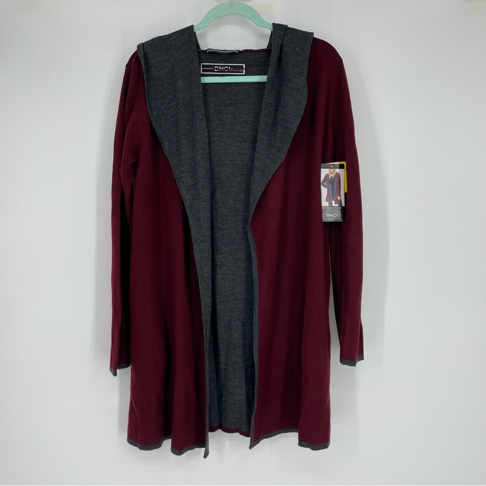 BNCI By Blanc Noir Cardigan Womens Maroon Open Front Wool Blend Duster Luxury